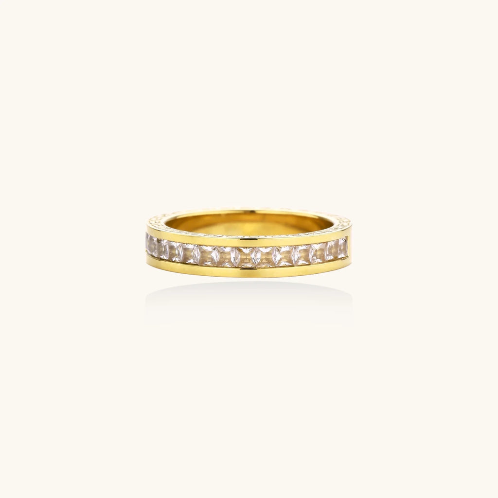 14K gold-plated band with channel-set zirconia and Greek key pattern engraving on polished finish