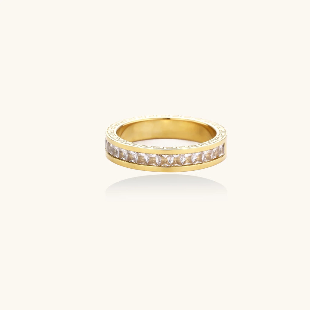 14K gold-plated band with channel-set zirconia and Greek key pattern engraving on polished finish